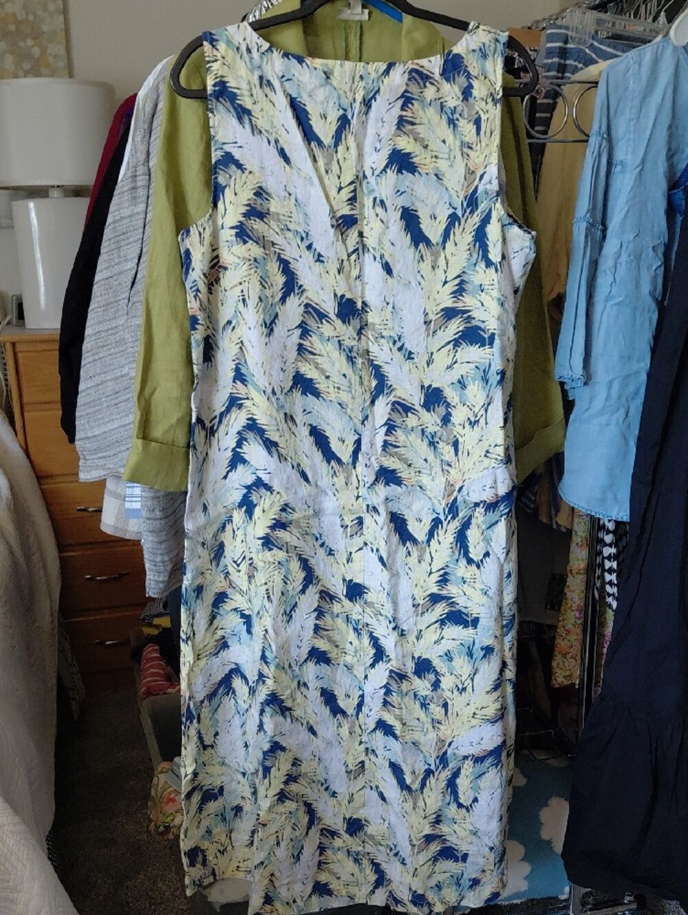 J. Jill Linen Sleeveless Palm-Print Maxi Dress in Yellow & Navy L - Picture 2 of 5